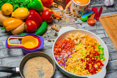 High angle view of food on table