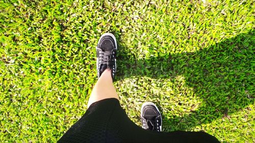 Low section of person standing on grassy field