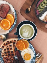 High angle view of breakfast served on table