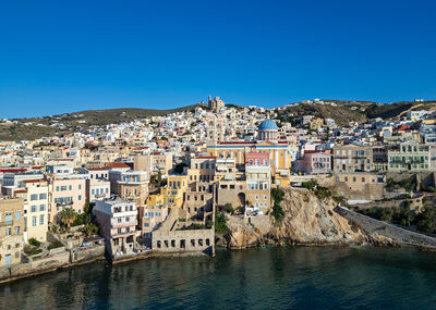 An aerial view, taken with a drone, showing the town of ermoupolis in syros, greece