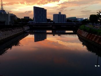 Reflection of buildings in calm lake