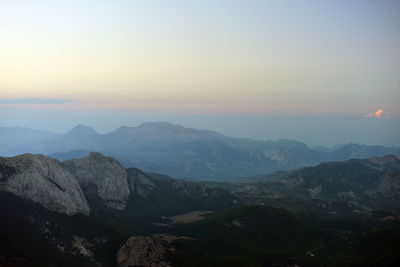 Scenic view of mountains against sky during sunset