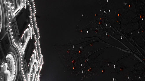 Close-up of illuminated christmas tree against sky at night