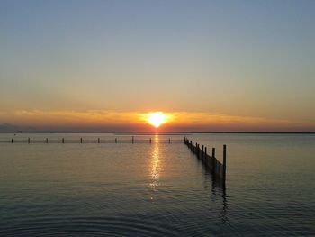 Scenic view of sea against clear sky during sunset