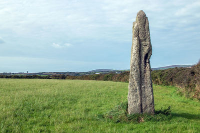 Wooden posts on field against sky