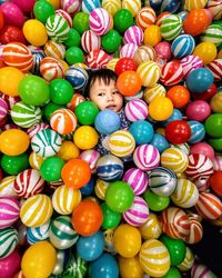 High angle view of multi colored toys