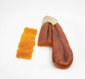 Close-up of hot dog against white background