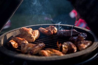 Close-up of meat on barbecue grill