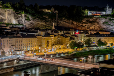 High angle view of bridge over canal by buildings in city