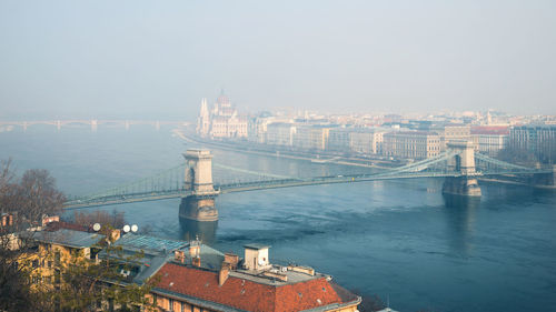 Bridge over river with city in background