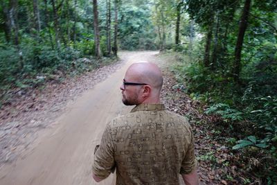 Man walking by trees on road at forest