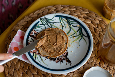 High angle view of dessert in plate on table