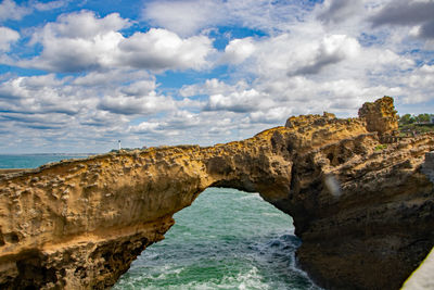 Rock formations in sea against sky