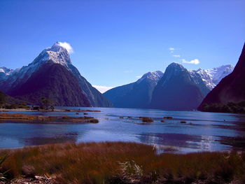 Scenic view of lake by snowcapped mountains against sky