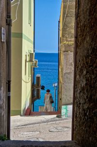 Rear view of man sitting on wall by sea against clear sky