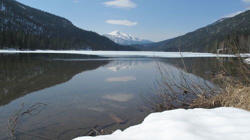 Scenic view of lake by snowcapped mountains against sky