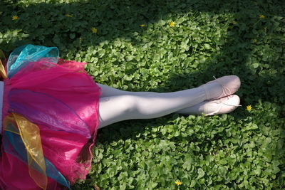 Low section of ballet dancer lying down on field