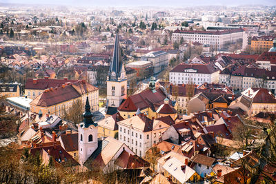 High angle view of buildings in city