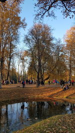 People in park by lake against sky