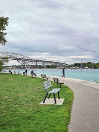 Blue water bridge on boarder between canada and usa. famous landmark in america. st. clair river 