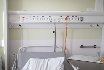 Empty hospital bed on ward