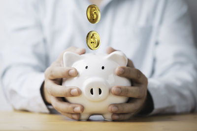 Close-up of hand holding coins