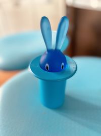 Close-up of blue toy on table