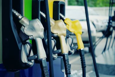 Close-up of fuel pumps at gas station