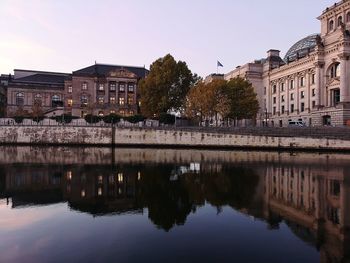 Reflection of buildings in lake against clear sky