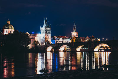 Illuminated buildings in city at night