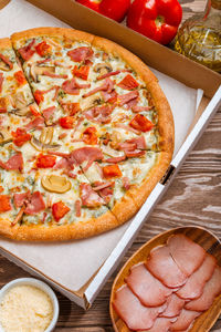 High angle view of pizza on table