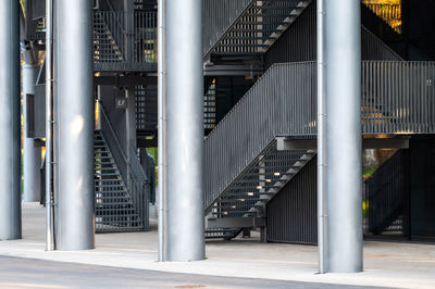 Stairs with metal steps and railings leading upwards, an element of urban architecture