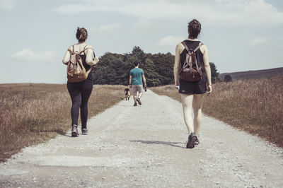 Rear view of friends walking on road