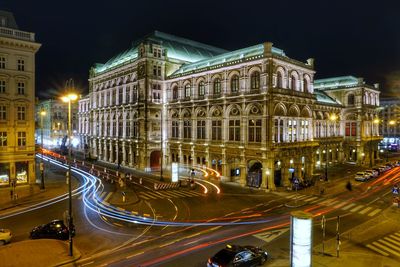 View of city lit up at night