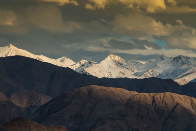 Scenic view of snowcapped mountains against sky during winter