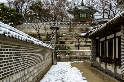 Snow covered houses by building during winter