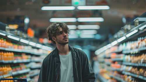 Portrait of young woman standing in supermarket