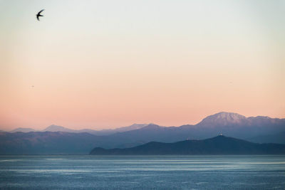 Scenic view of lake against clear sky during sunset