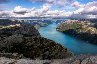 Preikestolen rock is a famous tourist attraction near stavanger, norway.