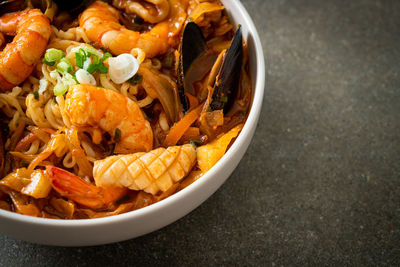 High angle view of meal served in bowl on table