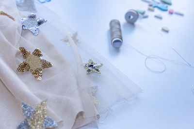 High angle view of christmas decorations on table