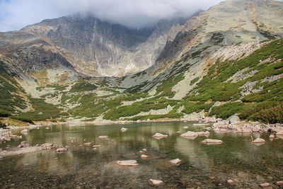 Scenic view of lake and mountains against sky