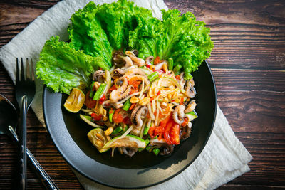 High angle view of food in plate on table