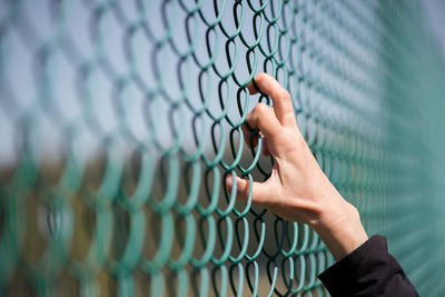 Close-up of human hand on chainlink fence