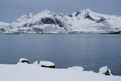 Scenic view of lake and snowcapped mountains against sky