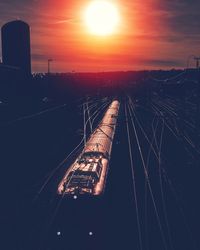 High angle view of train during sunset