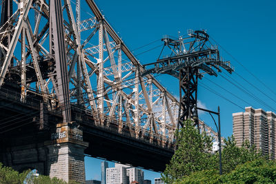 Low angle view of crane bridge against blue sky