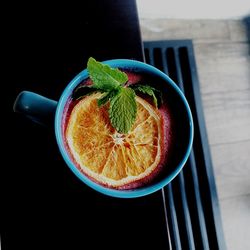 High angle view of fruits in glass on table