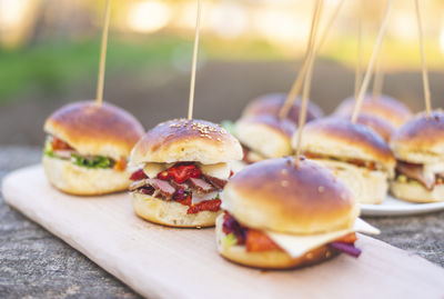 Close-up of burger on cutting board