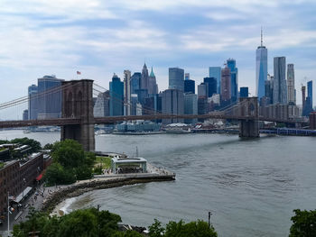 Bridge over river by buildings against sky in city